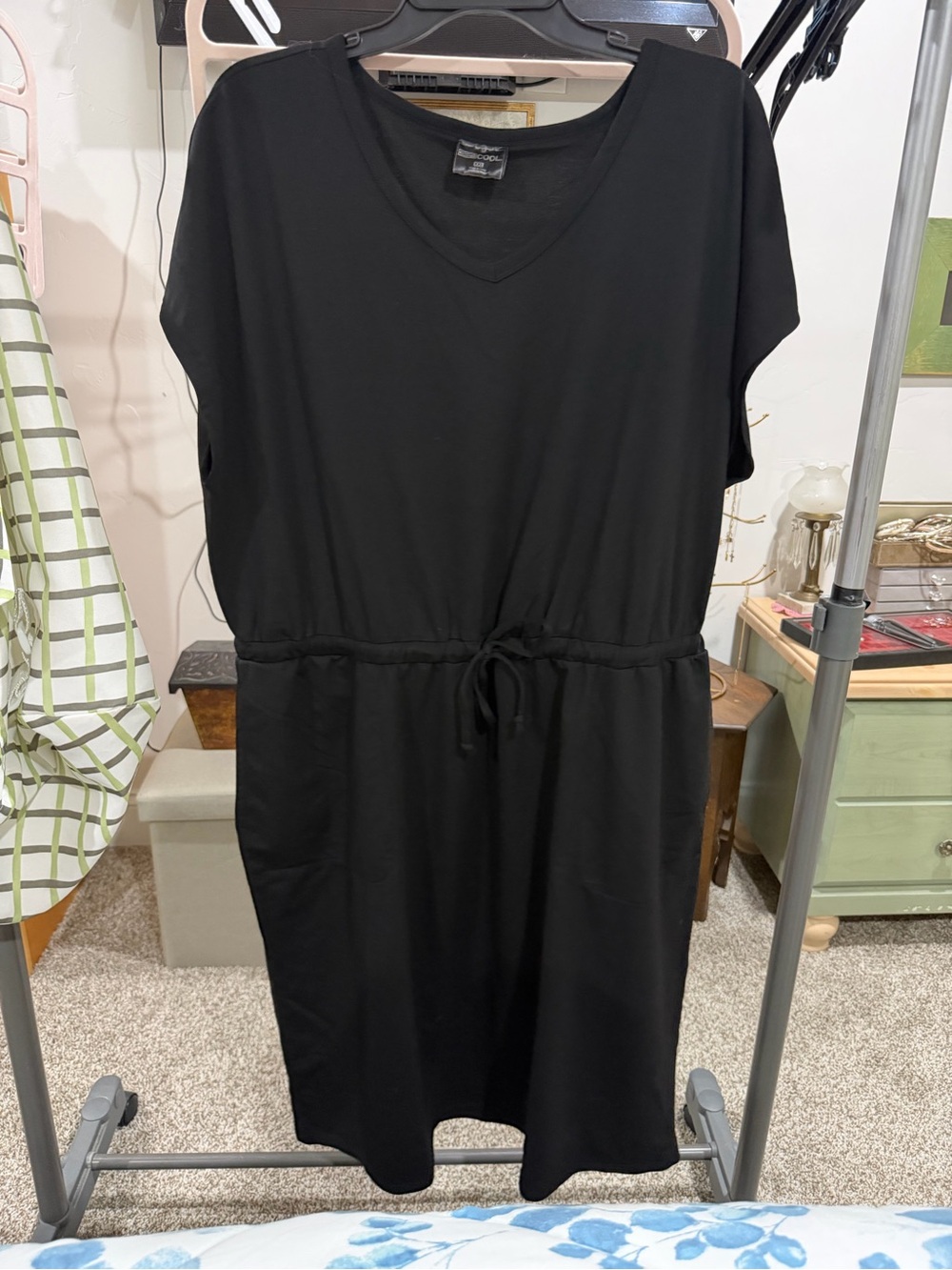 Black V-Neck Drawstring Midi Dress